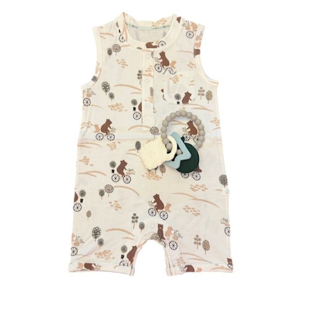 NWOT‎ Loulou Lollipop Set Bears on Bike Short Romper Teething Ring Size 12-18 Mo